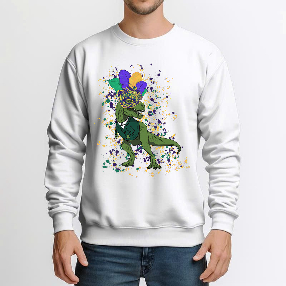 T-Rex Dinosaur Mardi Gras Sweatshirt Themed Mardi Gras Gift Ideas For Him Basgiathsweatshirts - Image 5