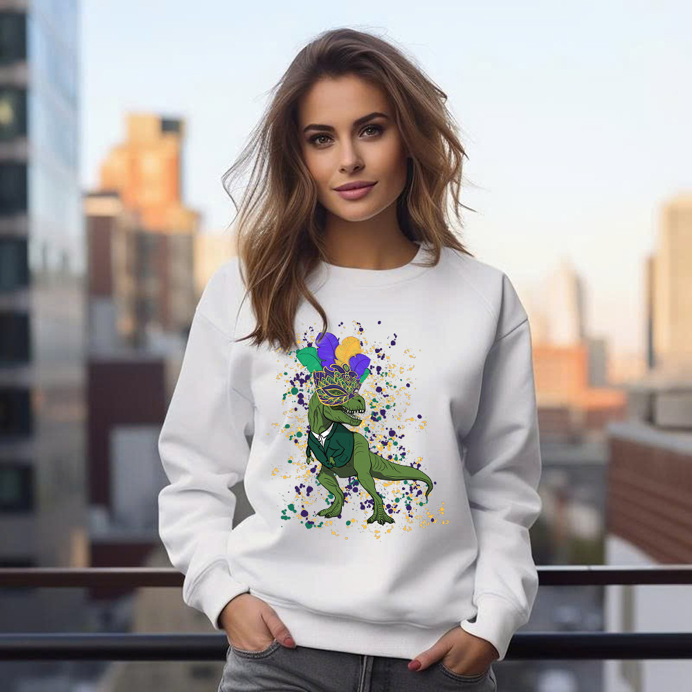 T-Rex Dinosaur Mardi Gras Sweatshirt Themed Mardi Gras Gift Ideas For Him Basgiathsweatshirts - Image 2