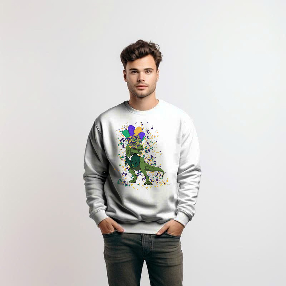 T-Rex Dinosaur Mardi Gras Sweatshirt Themed Mardi Gras Gift Ideas For Him Basgiathsweatshirts - Image 3