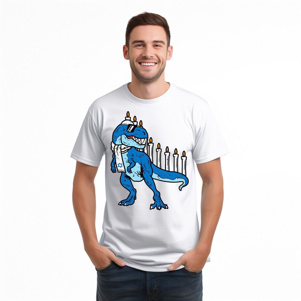 T-Rex Dinosaur Menorah Hanukkah Jewish Boys Shirt Jewish Birthday Gifts For Boys Basgiathsweatshirts - Image 3