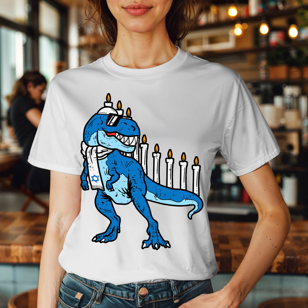 T-Rex Dinosaur Menorah Hanukkah Jewish Boys Shirt Jewish Birthday Gifts For Boys Basgiathsweatshirts - Image 2