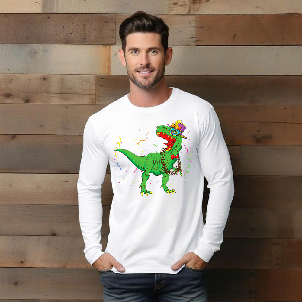 T-Rex Mardi Gras Shirt Dinosaur Lovers Party Long Sleeve Shirt Mardi Gras Themed Gifts Basgiathsweatshirts - Image 2