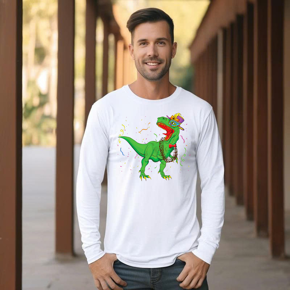 T-Rex Mardi Gras Shirt Dinosaur Lovers Party Long Sleeve Shirt Mardi Gras Themed Gifts Basgiathsweatshirts - Image 4