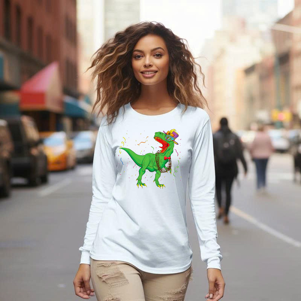 T-Rex Mardi Gras Shirt Dinosaur Lovers Party Long Sleeve Shirt Mardi Gras Themed Gifts Basgiathsweatshirts - Image 5