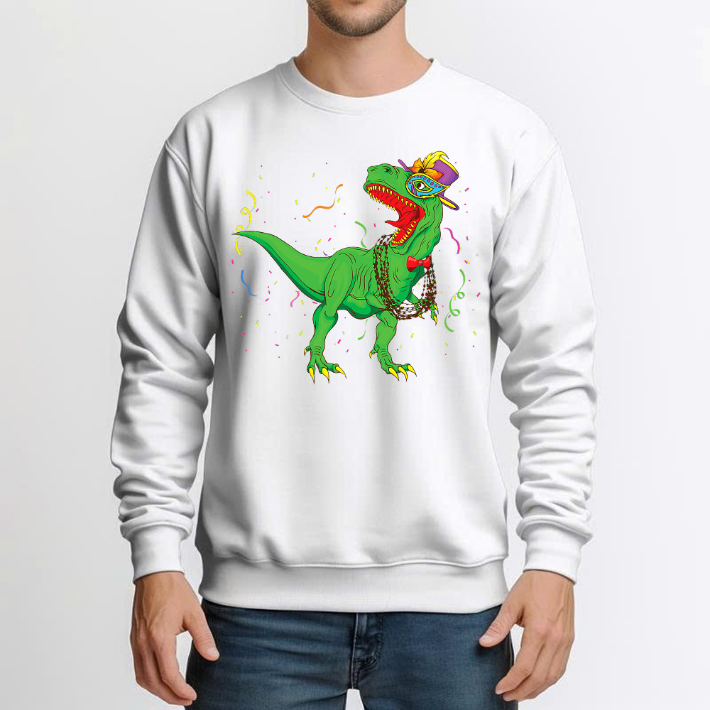 T-Rex Mardi Gras Shirt Dinosaur Lovers Party Sweatshirt Mardi Gras Themed Gifts Basgiathsweatshirts - Image 2