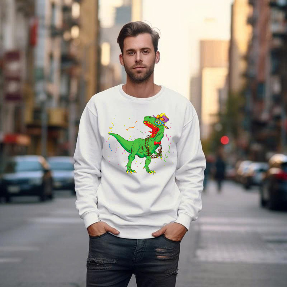 T-Rex Mardi Gras Shirt Dinosaur Lovers Party Sweatshirt Mardi Gras Themed Gifts Basgiathsweatshirts - Image 3