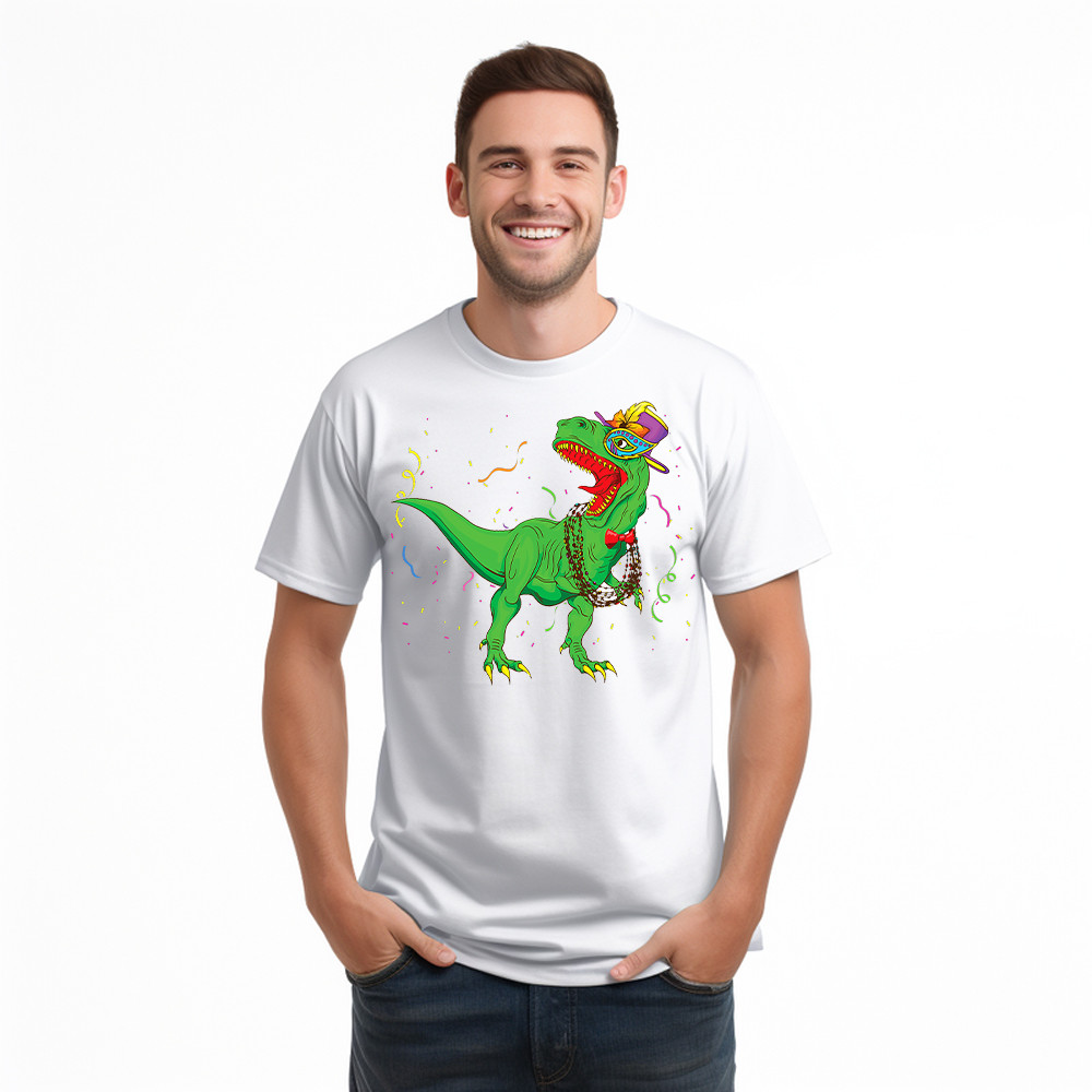 T-Rex Mardi Gras Shirt Dinosaur Lovers Party T-Shirt Mardi Gras Themed Gifts Basgiathsweatshirts - Image 2