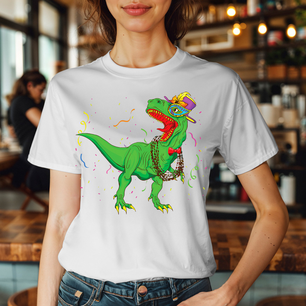 T-Rex Mardi Gras Shirt Dinosaur Lovers Party T-Shirt Mardi Gras Themed Gifts Basgiathsweatshirts - Image 5