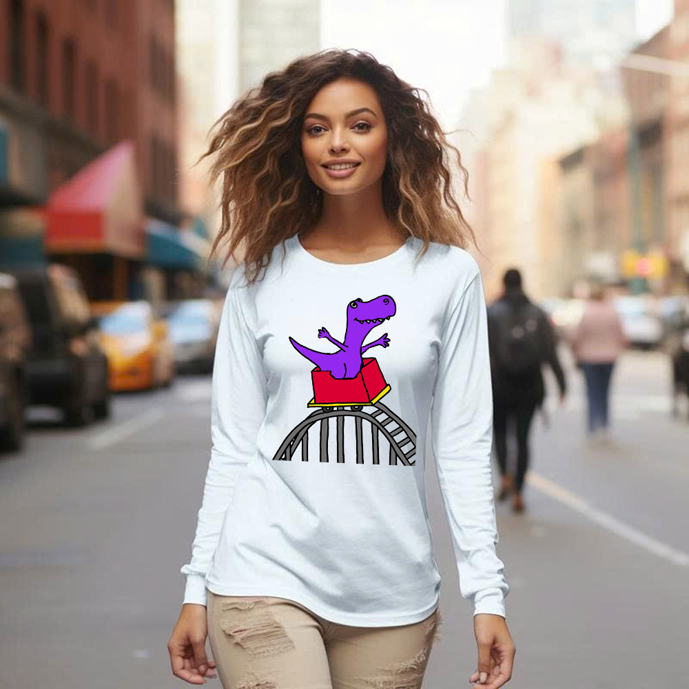 T-Rex Riding Roller Coaster Long Sleeve Shirt Funny Cute Graphic Tee Shirt Apparel Gifts For Him Basgiathsweatshirts - Image 3