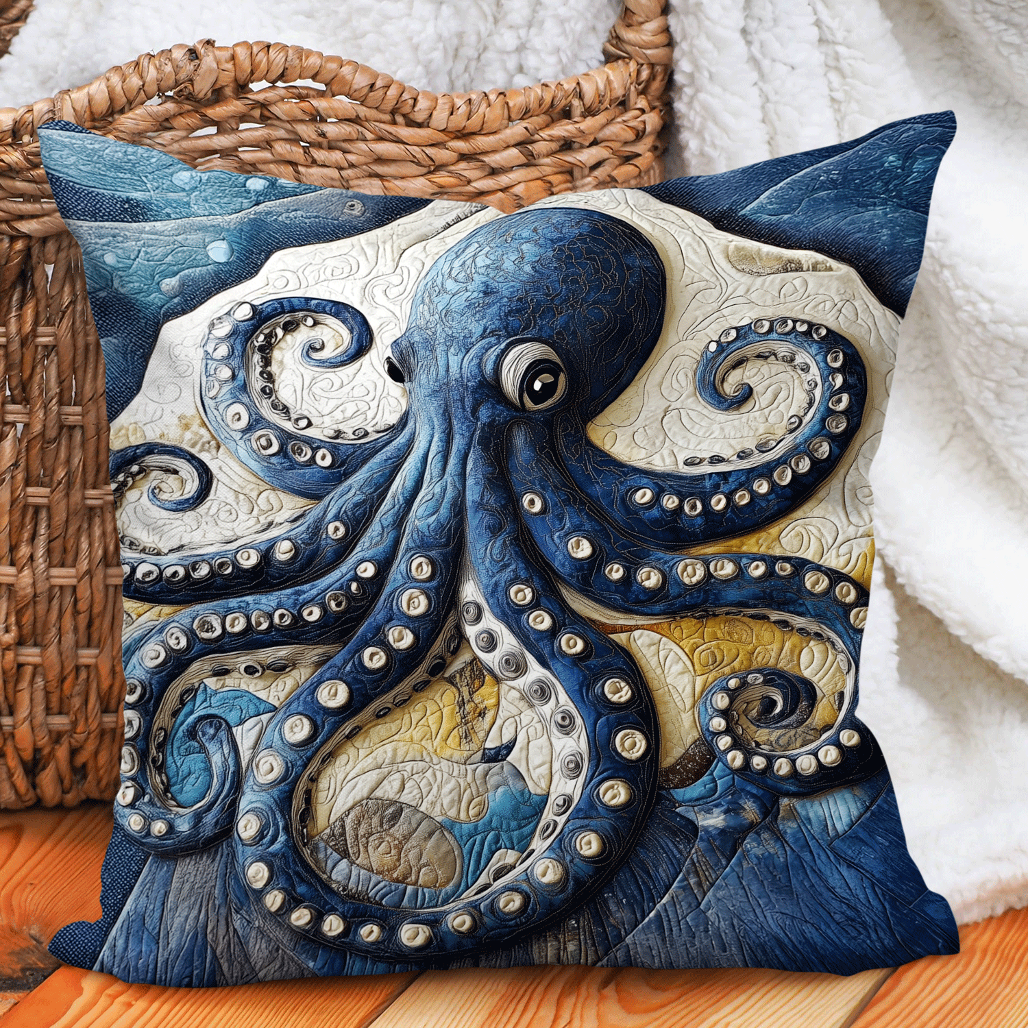 Tentacle Dance Quilted Pillow Case Ocean Blue Throw Pillows Octopus Themed Gifts