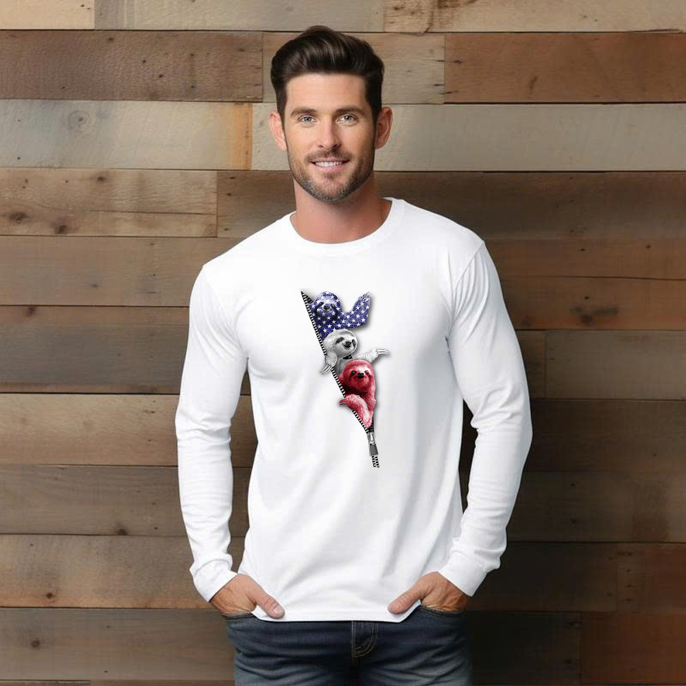 Three Sloths American Long Sleeve Shirt Patriotic Cute Sloths Tee Shirt 4Th Of July Gift For Siblings Basgiathsweatshirts - Image 2