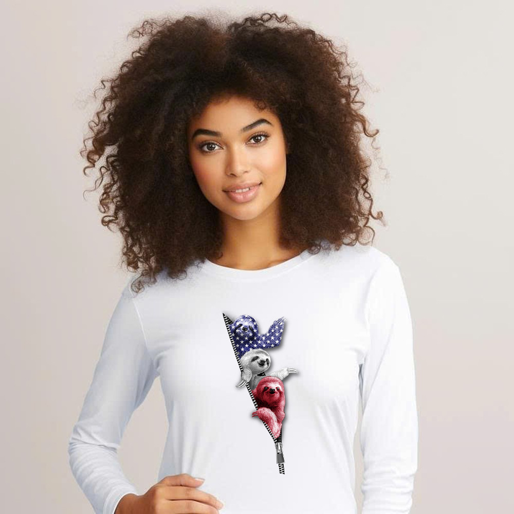 Three Sloths American Long Sleeve Shirt Patriotic Cute Sloths Tee Shirt 4Th Of July Gift For Siblings Basgiathsweatshirts - Image 3