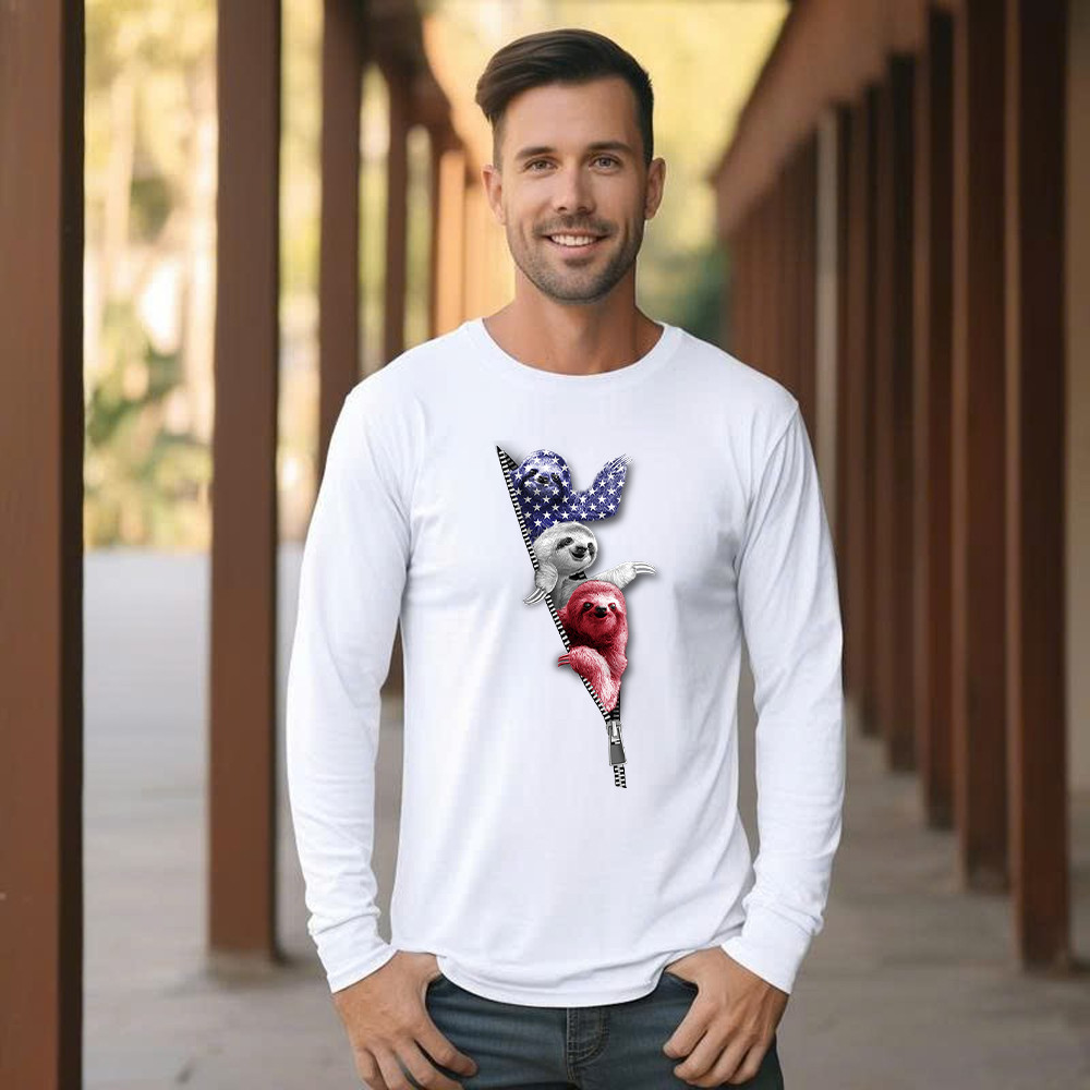 Three Sloths American Long Sleeve Shirt Patriotic Cute Sloths Tee Shirt 4Th Of July Gift For Siblings Basgiathsweatshirts - Image 5