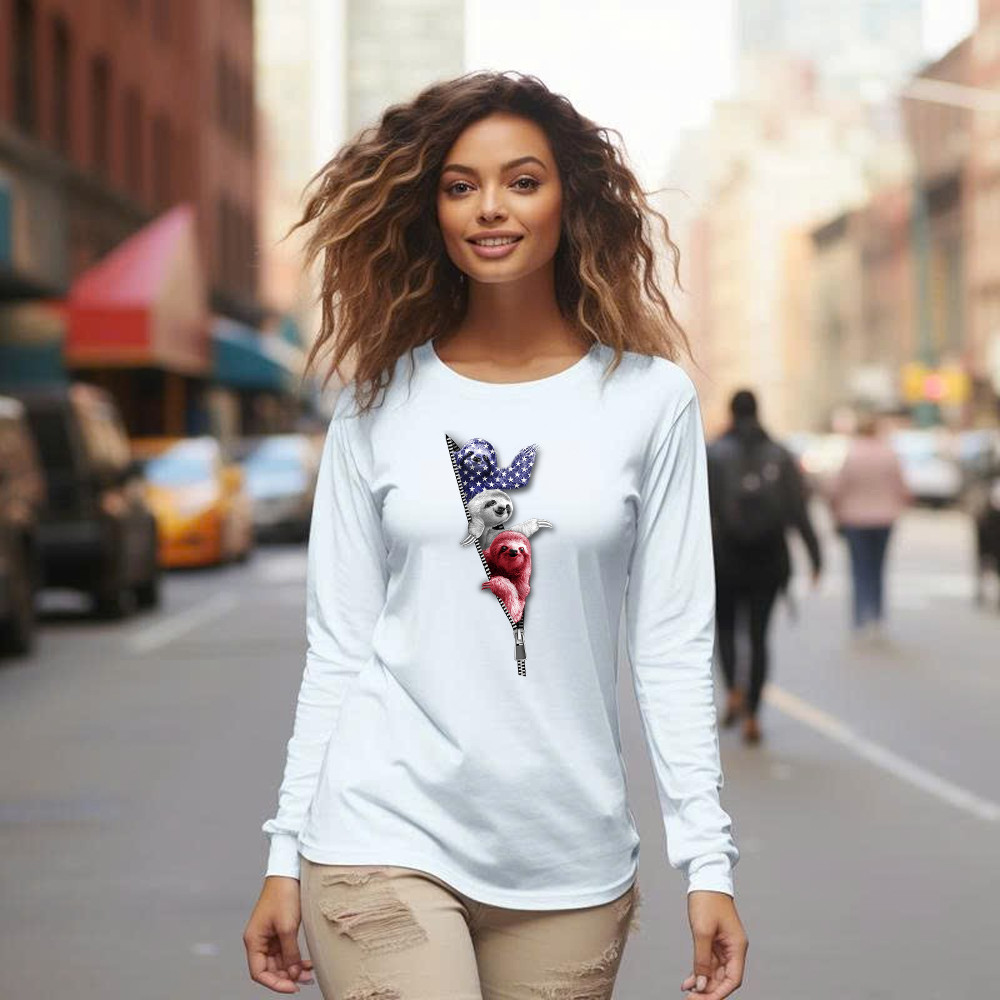 Three Sloths American Long Sleeve Shirt Patriotic Cute Sloths Tee Shirt 4Th Of July Gift For Siblings Basgiathsweatshirts - Image 4