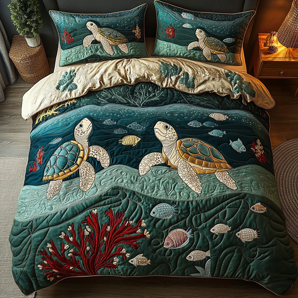 Tortoise Tranquility Quilted Bedding Set Turtle Gifts For Her