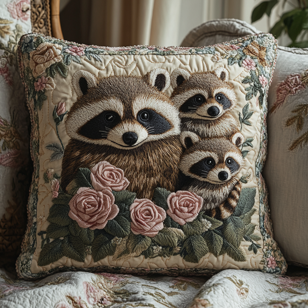 Twilight Forager Quilted Pillow Case Throw Pillow Case Covers Raccoon Gift Items