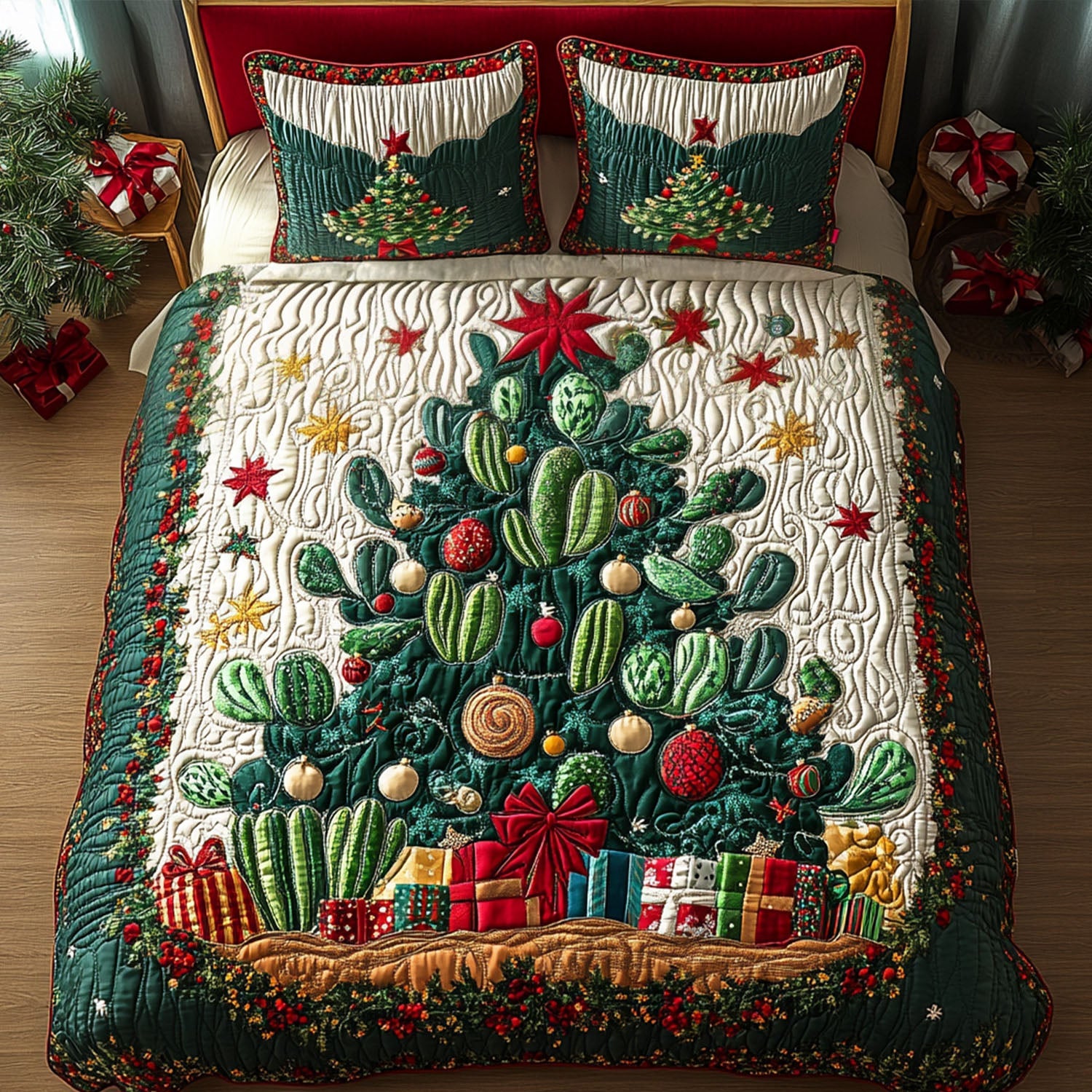 Verdant Succulents Quilted Bedding Set Unique Cactus Gifts