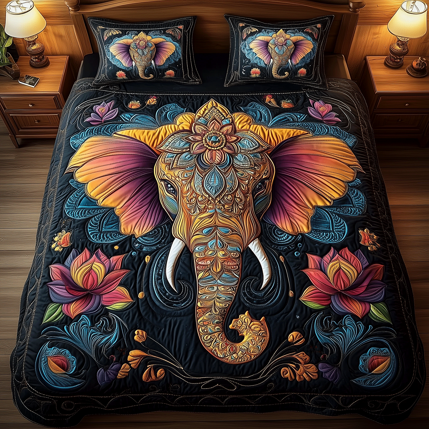 Vibrant Elephant Elegance Quilted Bedding Set Unique Elephant Gifts