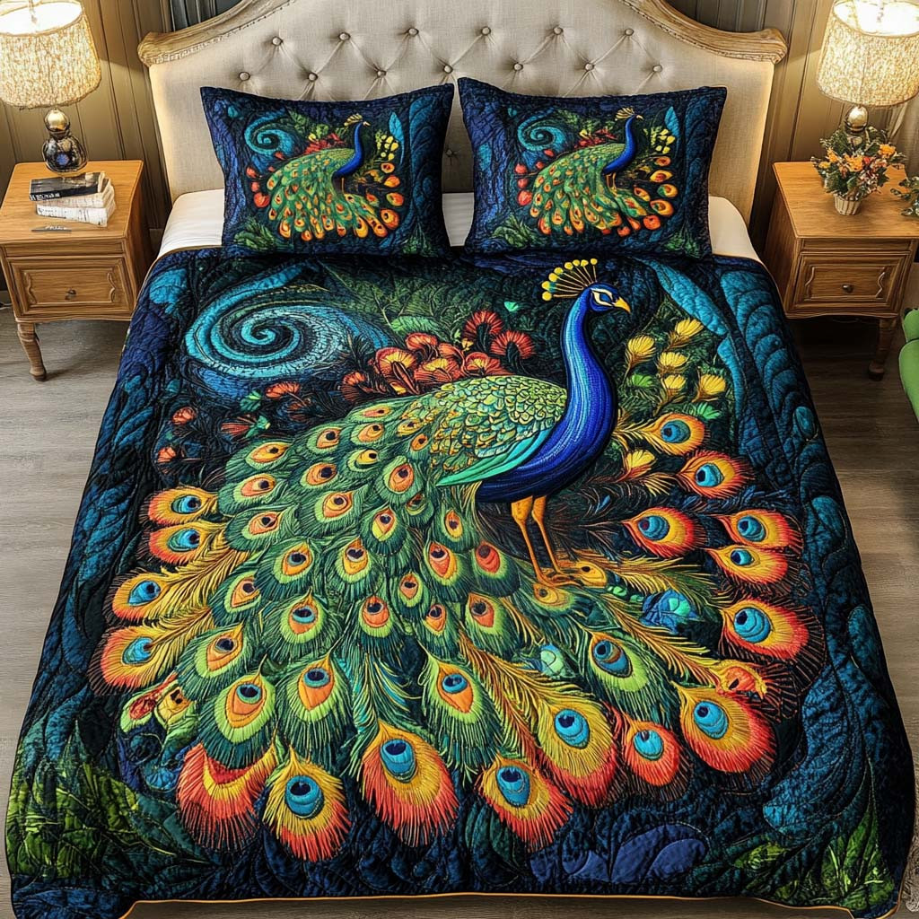 Vibrant Feather Whirl Quilted Bedding Set Gift For Peacock Lover
