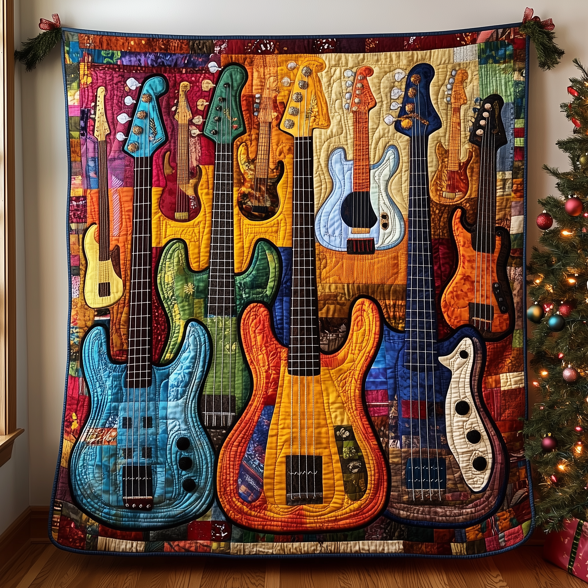 Vintage Bass Guitars Quilted Blanket Sofa Throw Blanket Merchandise Holiday Gifts For Guitar Players