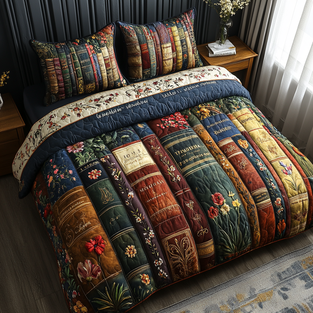 Vintage Volumes Quilted Bedding Set Cozy Bedroom Decor Cool Gifts For Book Lovers
