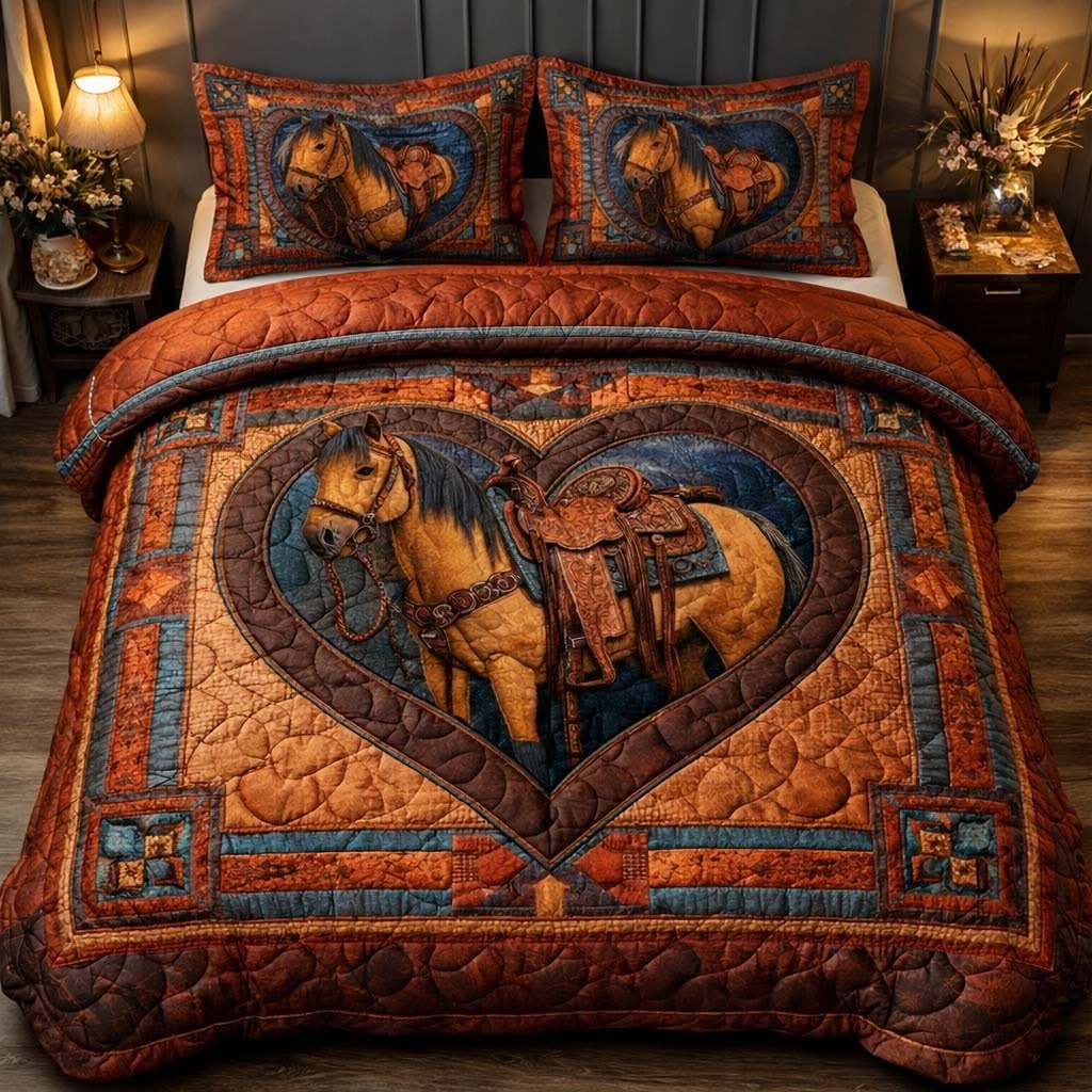 Western Horse Heart Quilted Bedding Set Rustic Cowboy Bedroom Decorations Horse Related Gifts