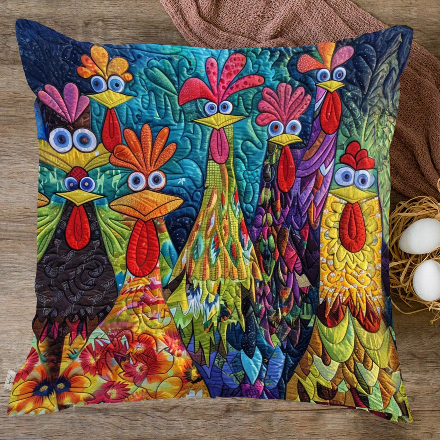 Whimsical Chickens Quilted Pillow Case Animal Themed Chicken Lover Presents