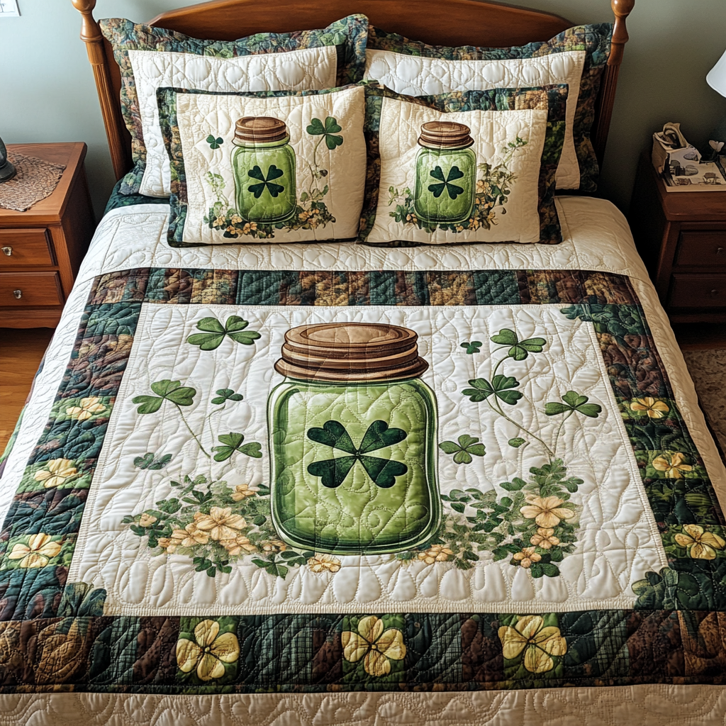 Whimsical Clover Dreams Quilted Bedding Set Gnome Christmas Gifts