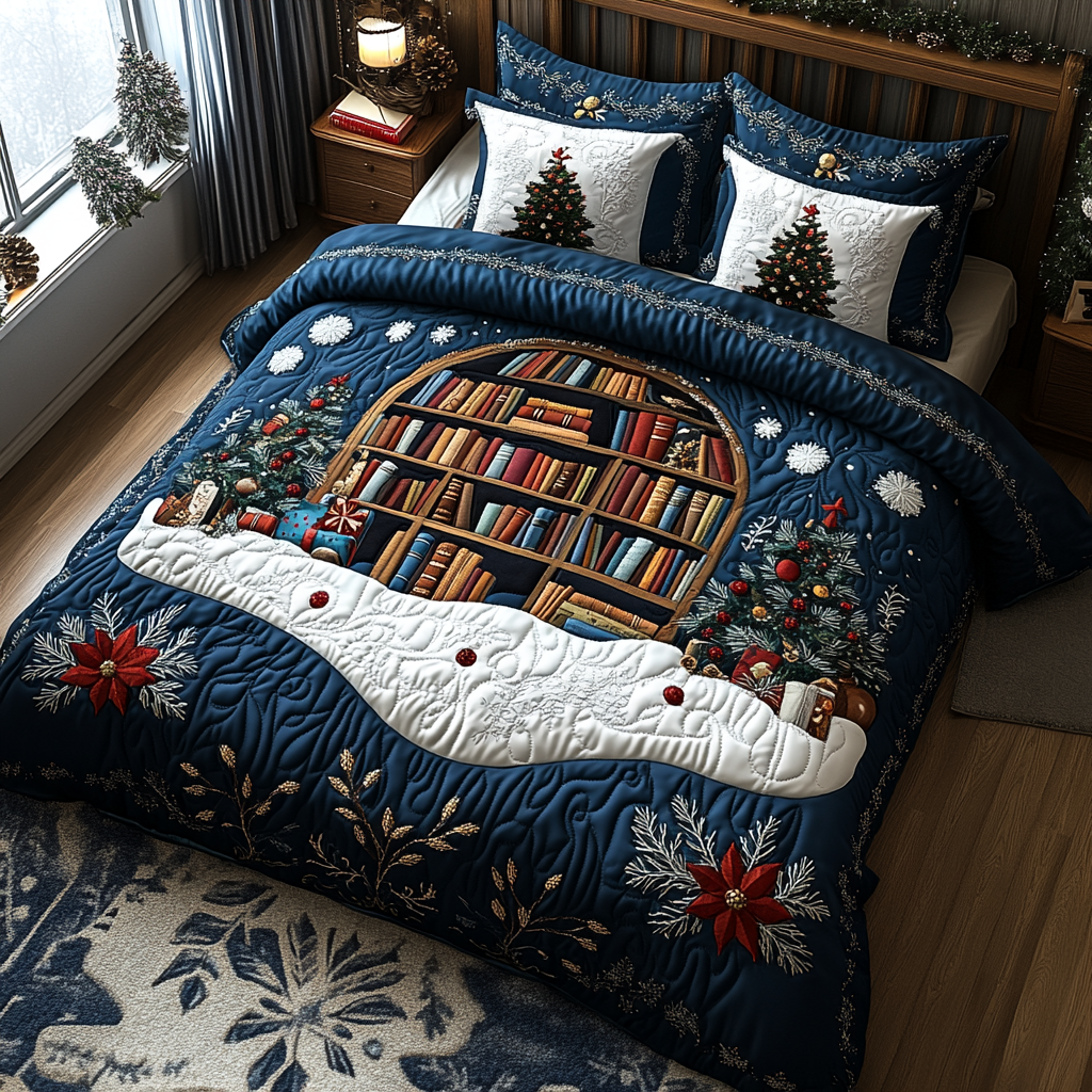 Whimsical Library Retreat Quilted Bedding Set Gift For Book Lover