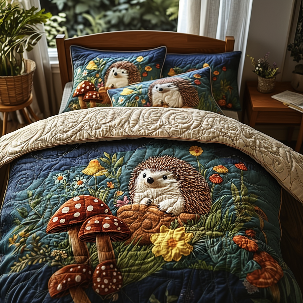Whimsical Woodland Quilted Bedding Set Christmas Bedding Ideas Gift For Hedgehog Lover