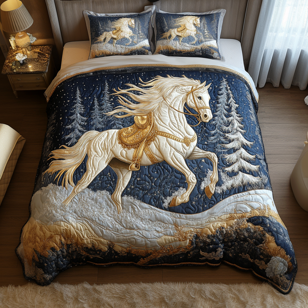 White Glory Quilted Bedding Set Unique Gifts For Horse Lovers