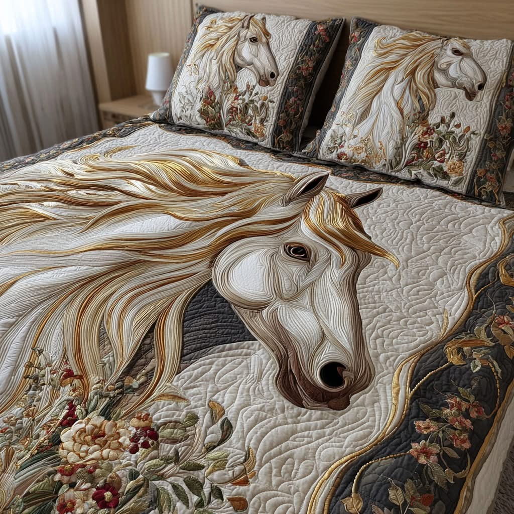 White Horse Quilted Bedding Set Elegant Floral Bedspread Set Best Gifts For Horse Lovers