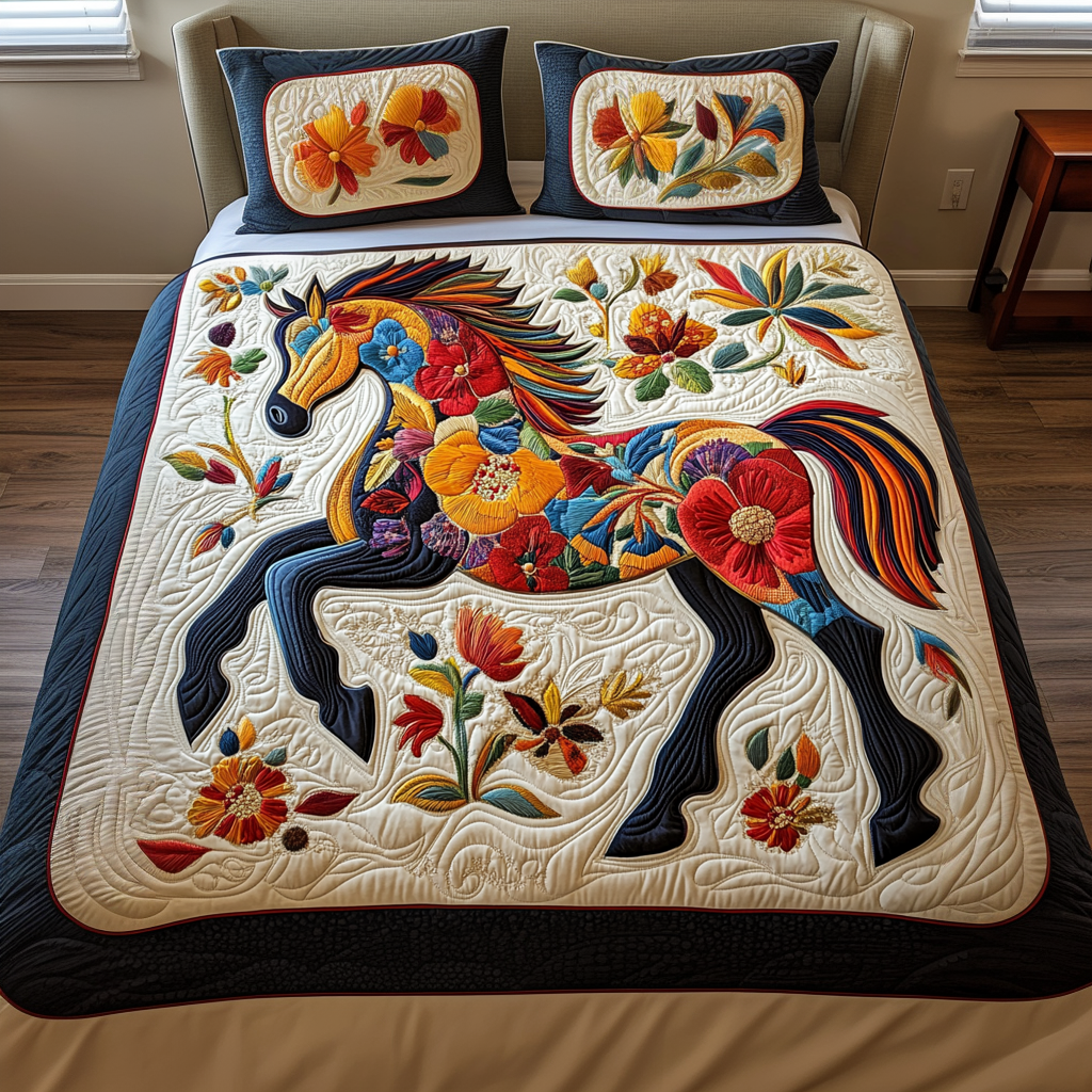 Wildflower Steed Quilted Bedding Set Gifts For Horse Lovers
