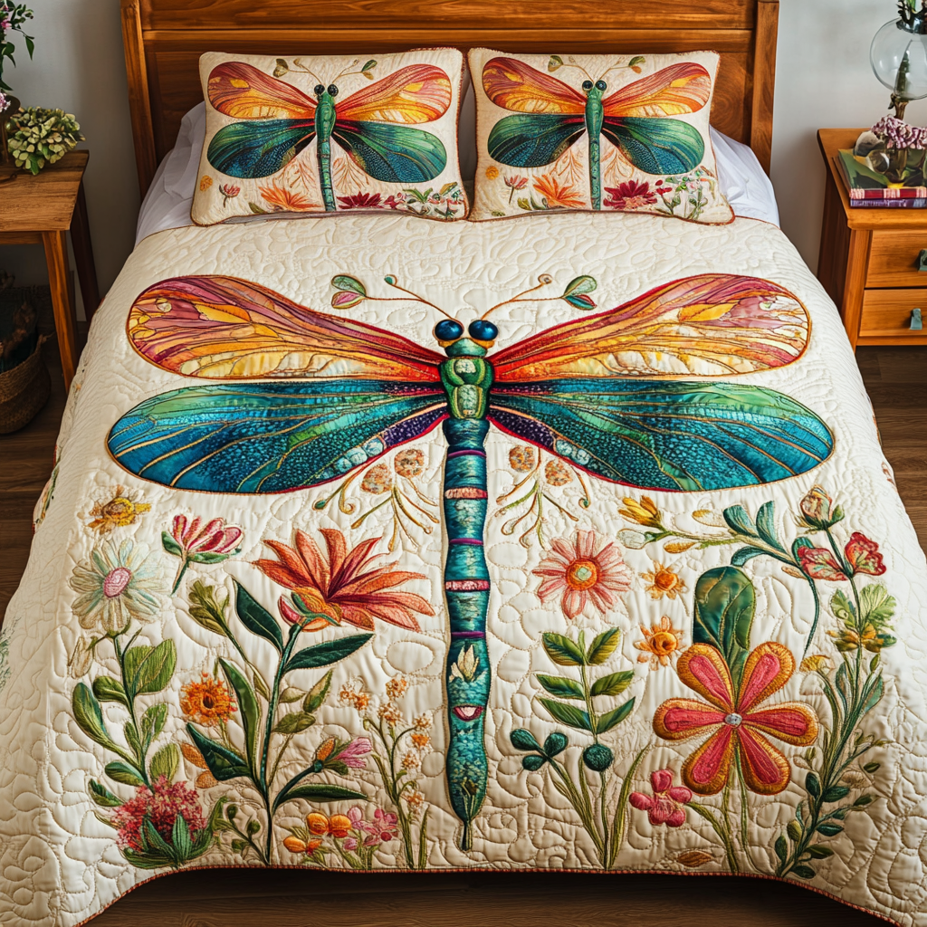 Winged Wonder Quilted Bedding Set Gift For Someone Who Loves Dragonflies