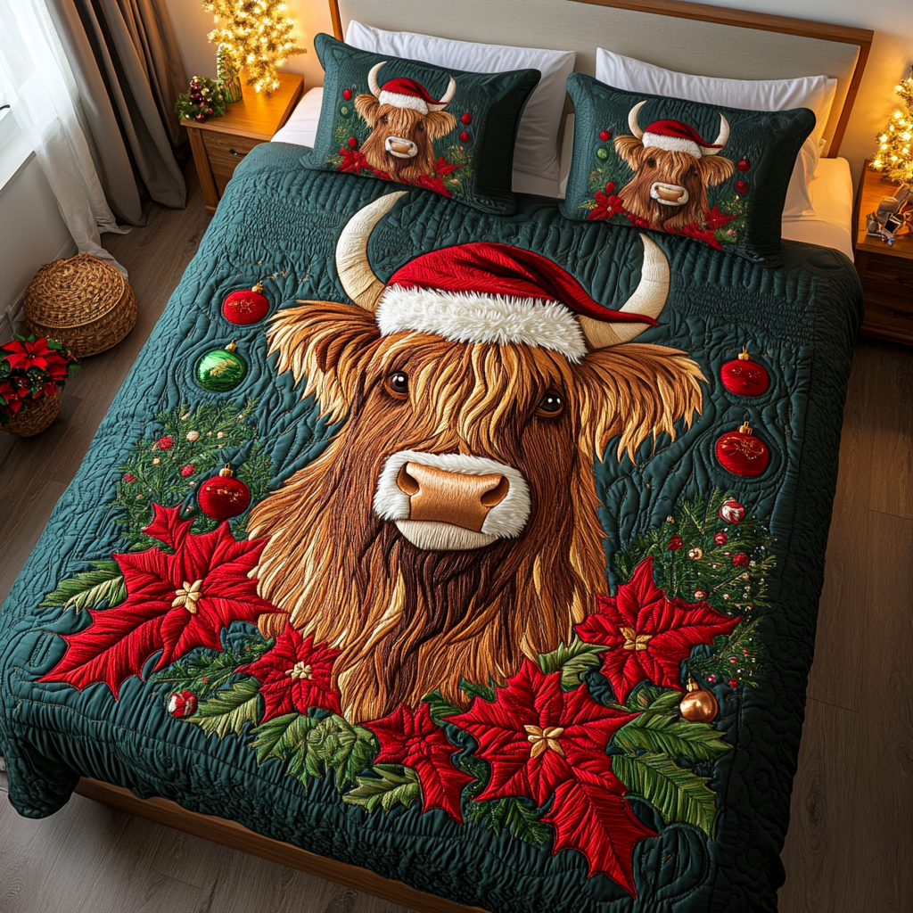 Winter Bovines Quilted Bedding Set Cowboy Christmas Gift