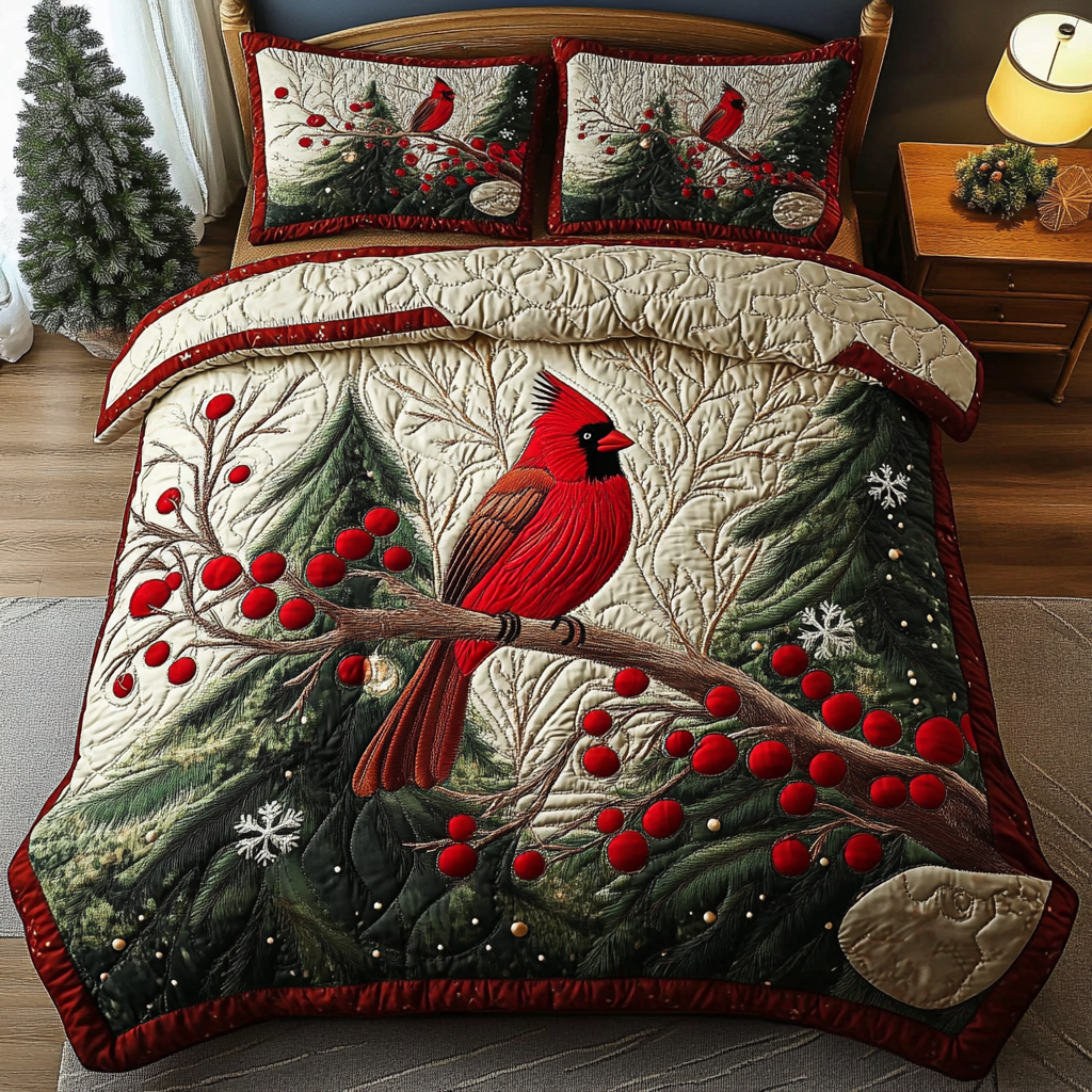 Winter Cardinal Bliss Quilted Bedding Set Cardinal Christmas Decor