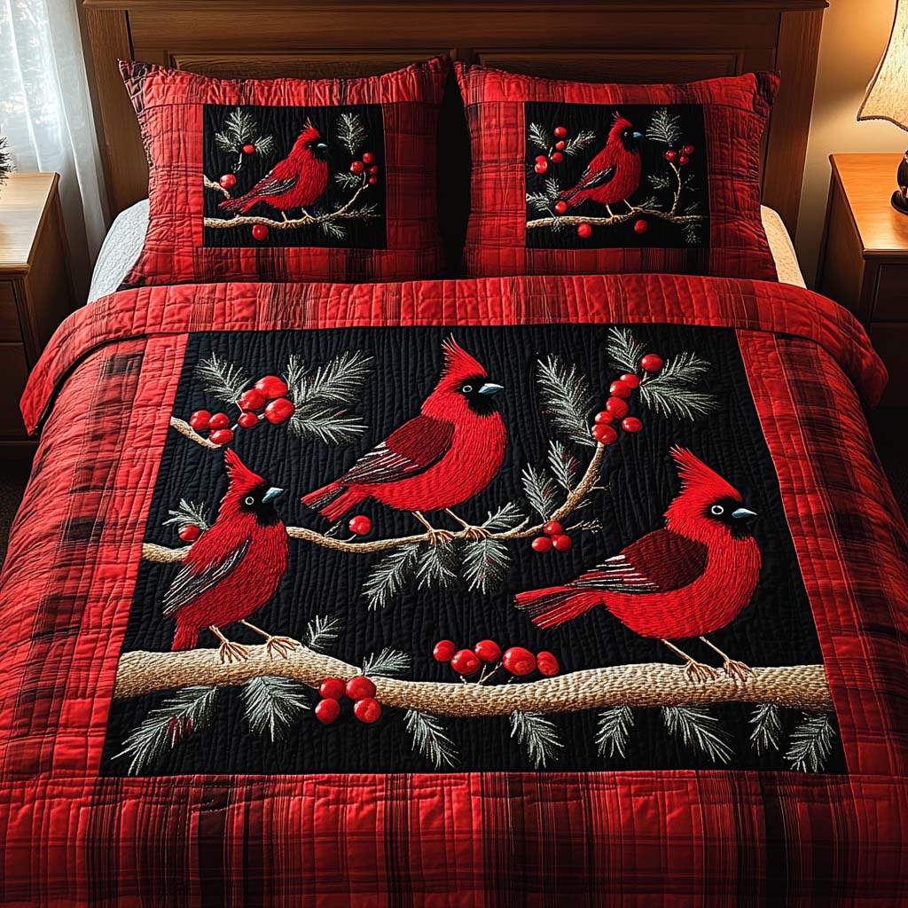 Winter Cardinals Quilted Bedding Set Christmas Presents For Mum