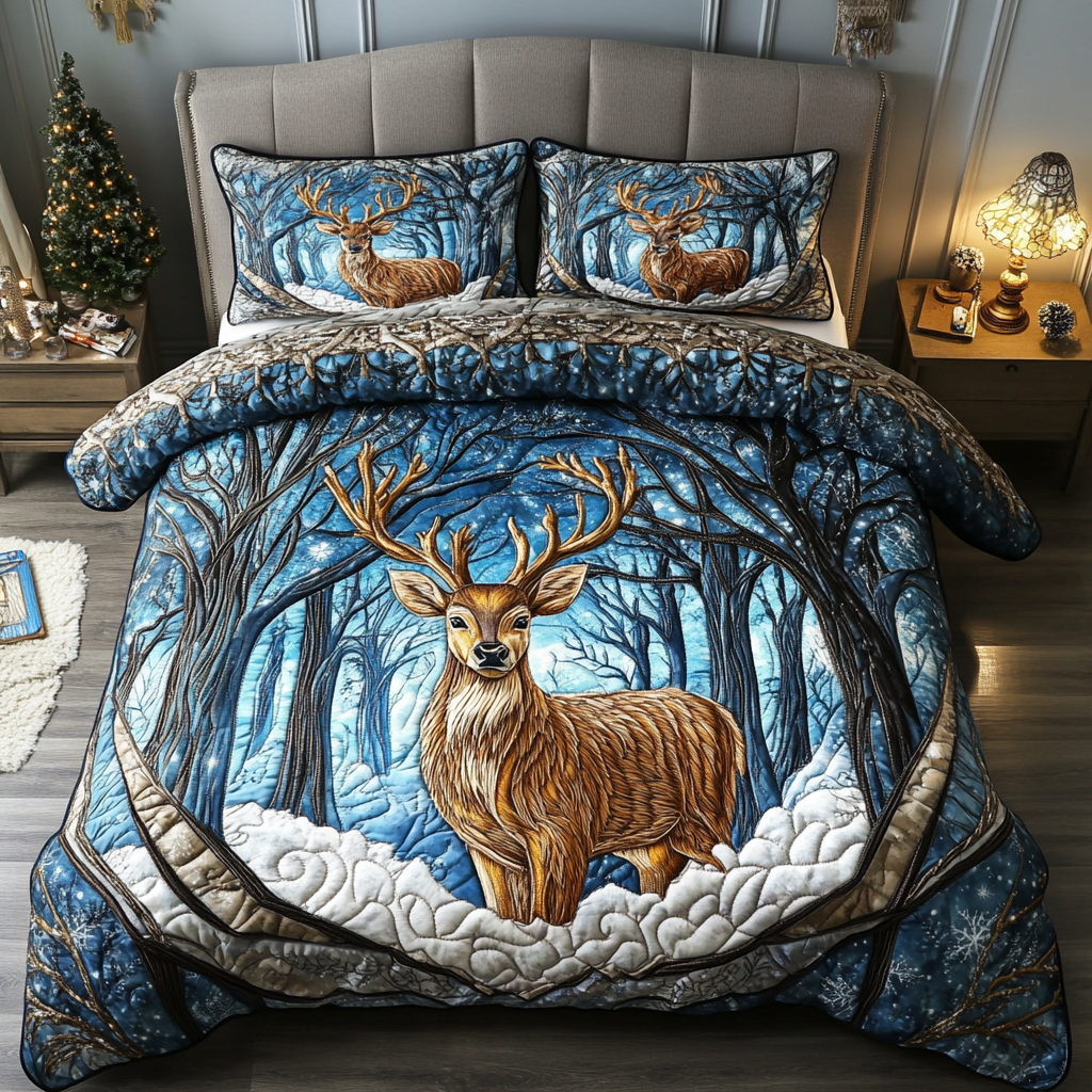 Winter Deer Bliss Quilted Bedding Set Good Gifts For Deer Hunters