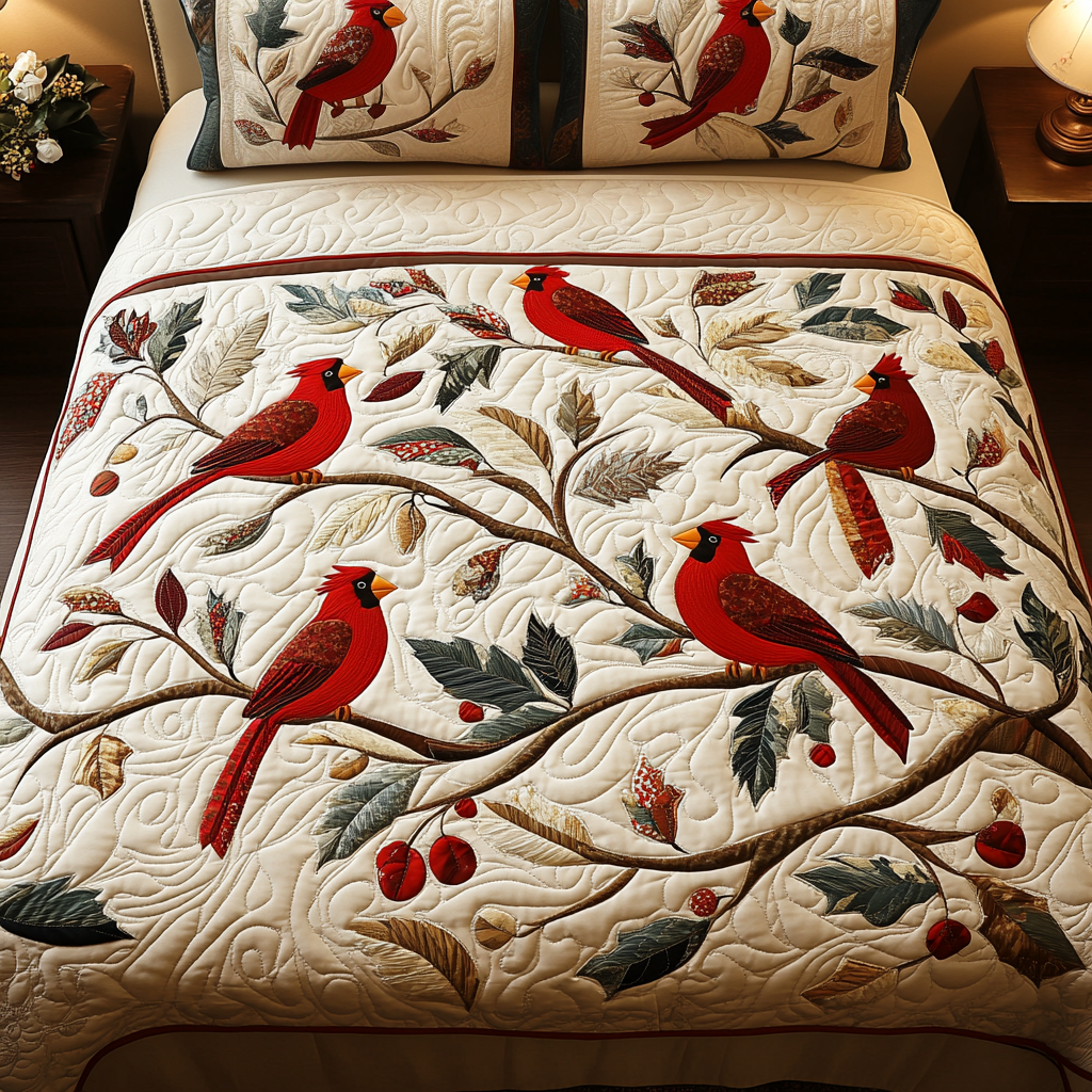 Winter Redbirds Quilted Bedding Set Best Gifts For Bird Watchers
