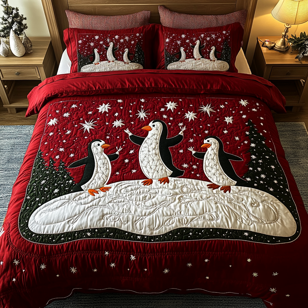 Winter Waddle Quilted Bedding Set Penguin Presents For Her