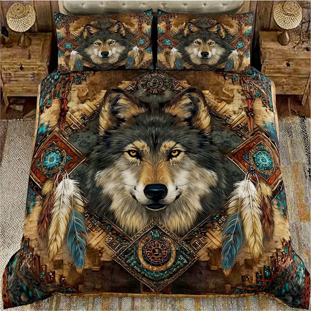 Wolf Heart Quilted Bedding Set Native American Bedspred Set Best Gifts For Wolf Lovers