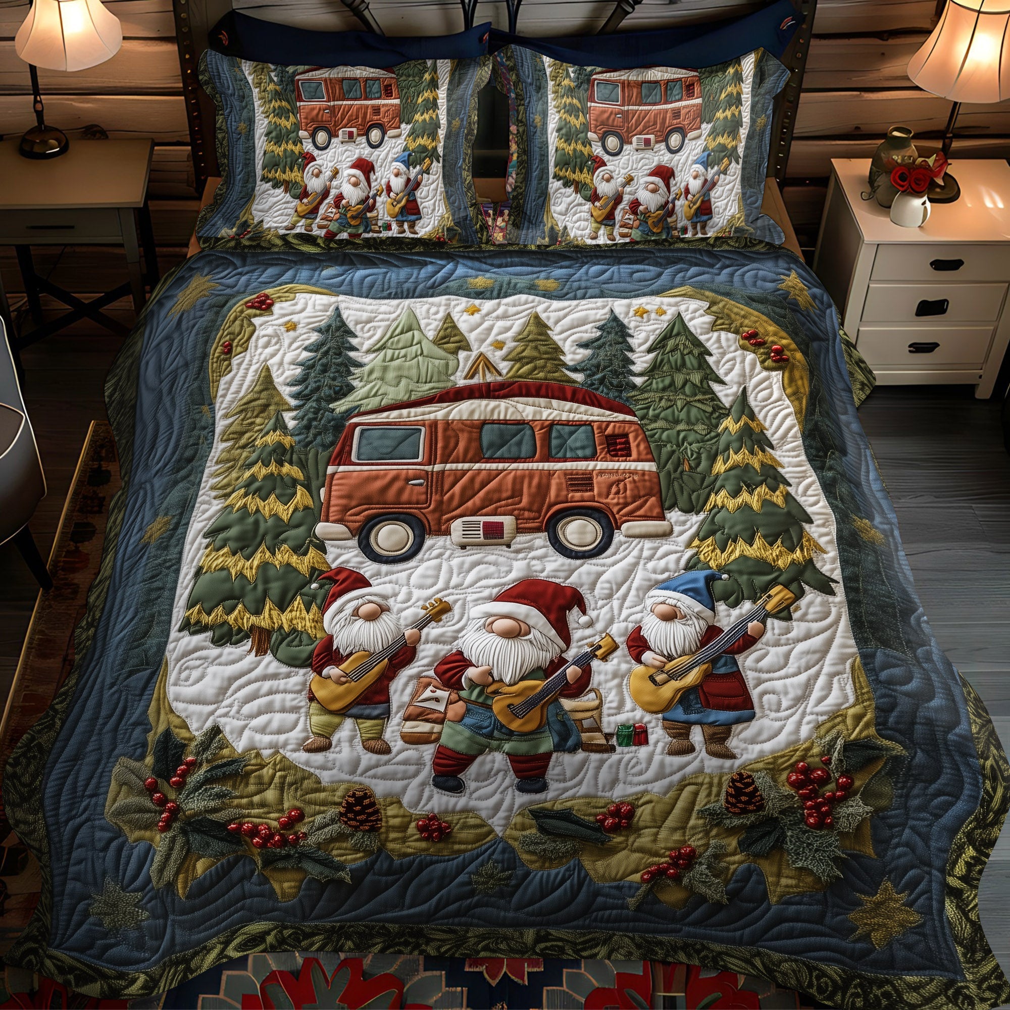 Woodland Harmony Quilted Bedding Set Christmas Gnome Gifts
