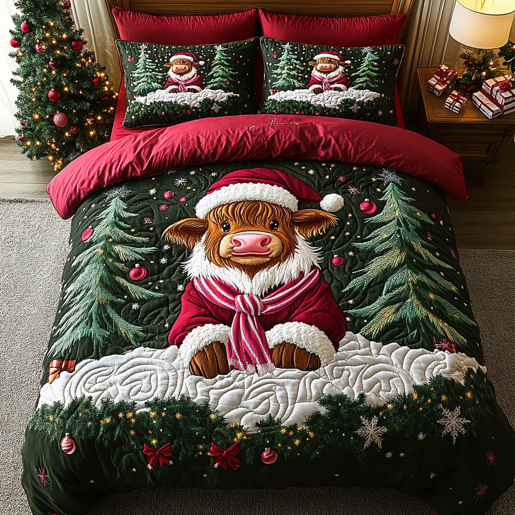 Yuletide Moo Quilted Bedding Set Gift For Cow Lover