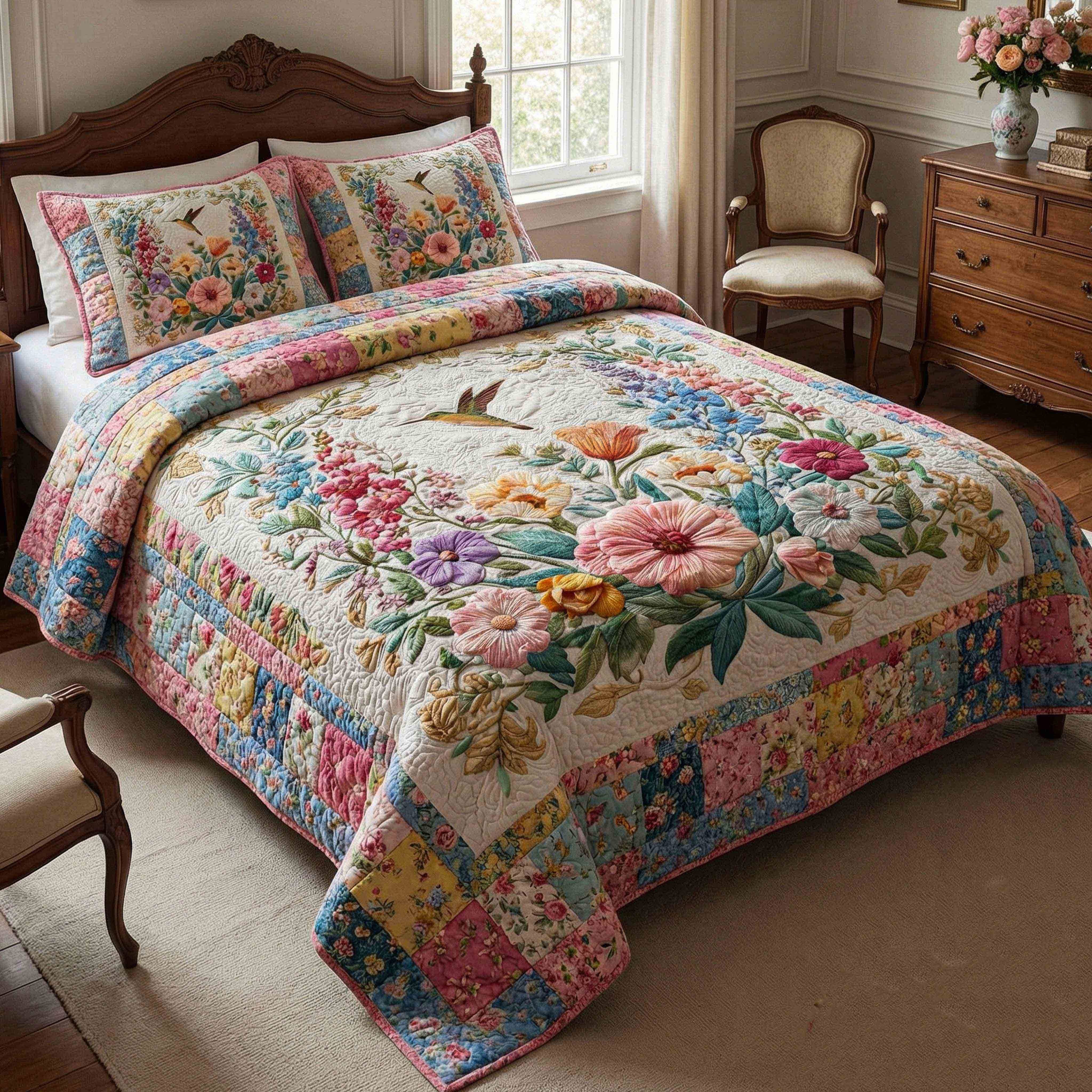 Hummingbird And Floral Quilted Bedding Set Blossom Fields Duvet Cover Set Bedroom Decor