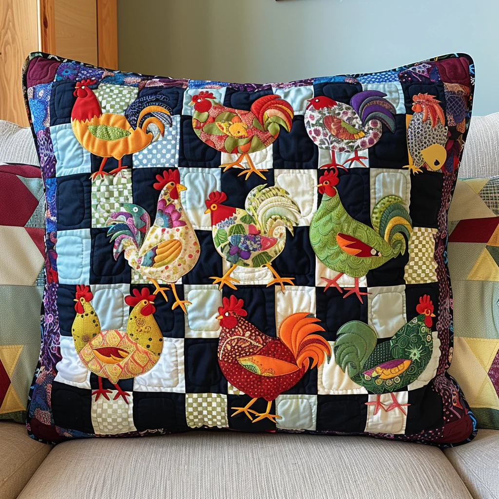 Adorable Chickens Quilted Pillow Case Rustic Home Decoration Best Gifts For Chicken Owners