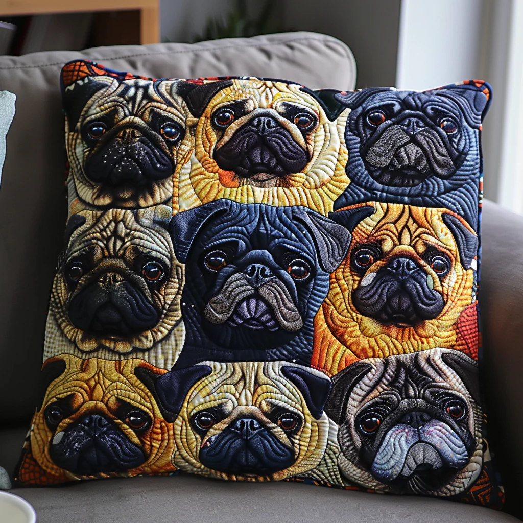Adorable Pugs Quilted Pillow Case Bedroom Decor Accent Pillow Presents For Pug Lovers