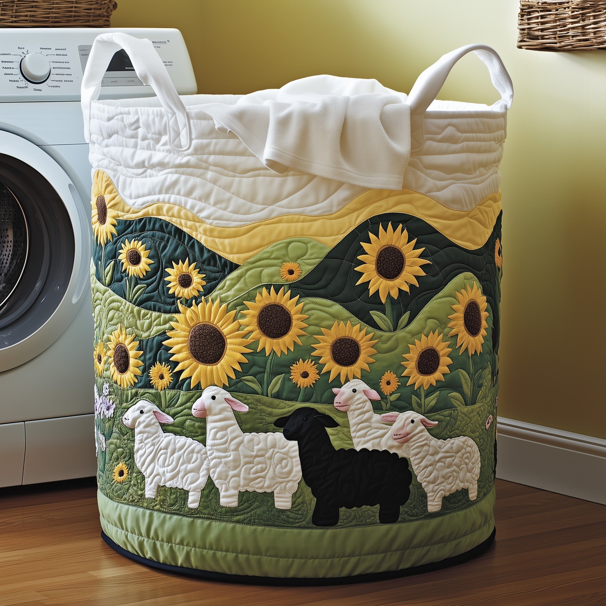 Adorable Sheep Quilted Laundry Basket Sunflower Field Laundry Hamper Gifts For Mom