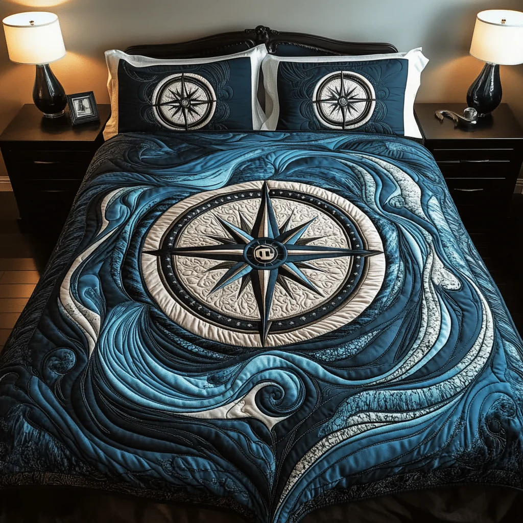 Adventure Awaits Quilted Bedding Set Nautical Mariner's Compass Bed Sheet Set Bedroom Decor