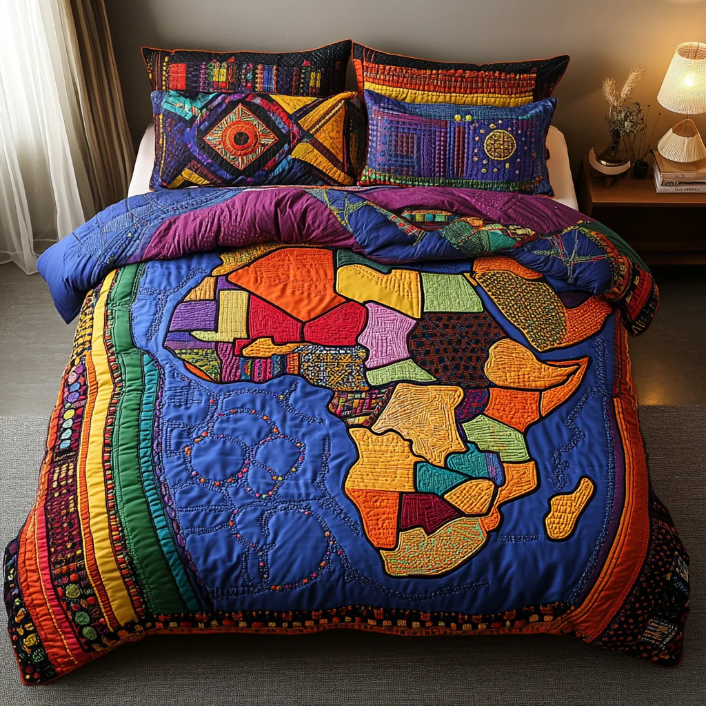 African Roots 3 Piece Quilted Bedding Set Colorful Africa Map Bedspread Set Best Gifts Ideas
