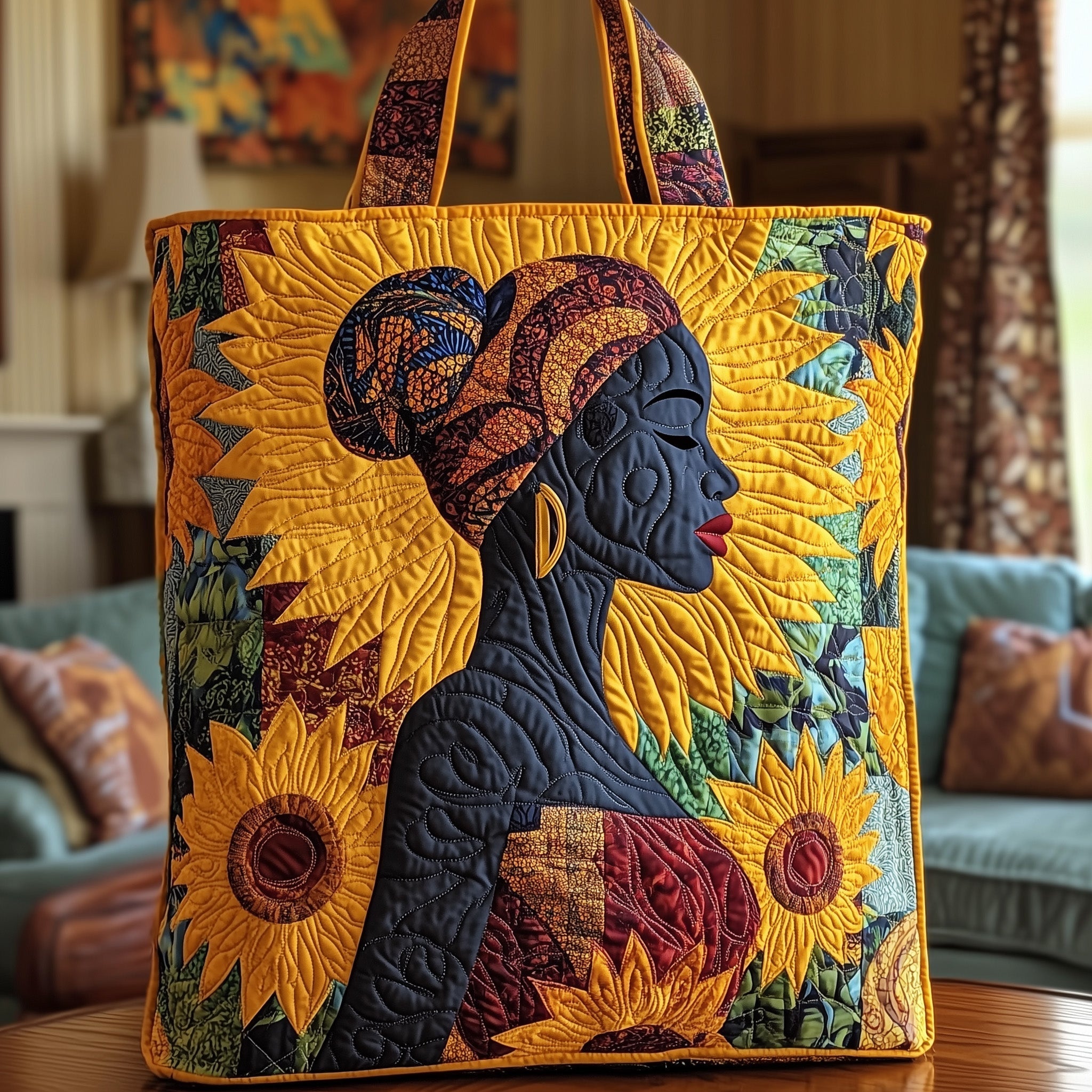 African Women Silhouettes Quilted Tote Bag Sunflower Shoulder Bag Gifts For Black History Month